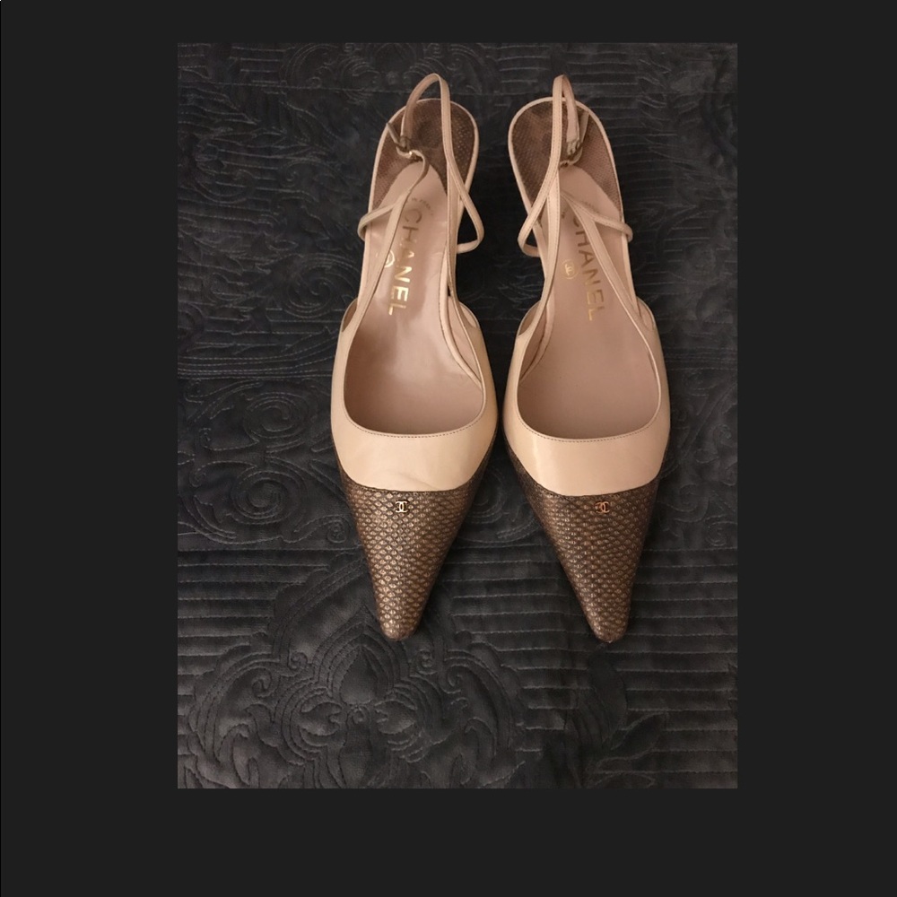 CHANEL LEATHER AND SNAKESKIN HEELS - 38.5